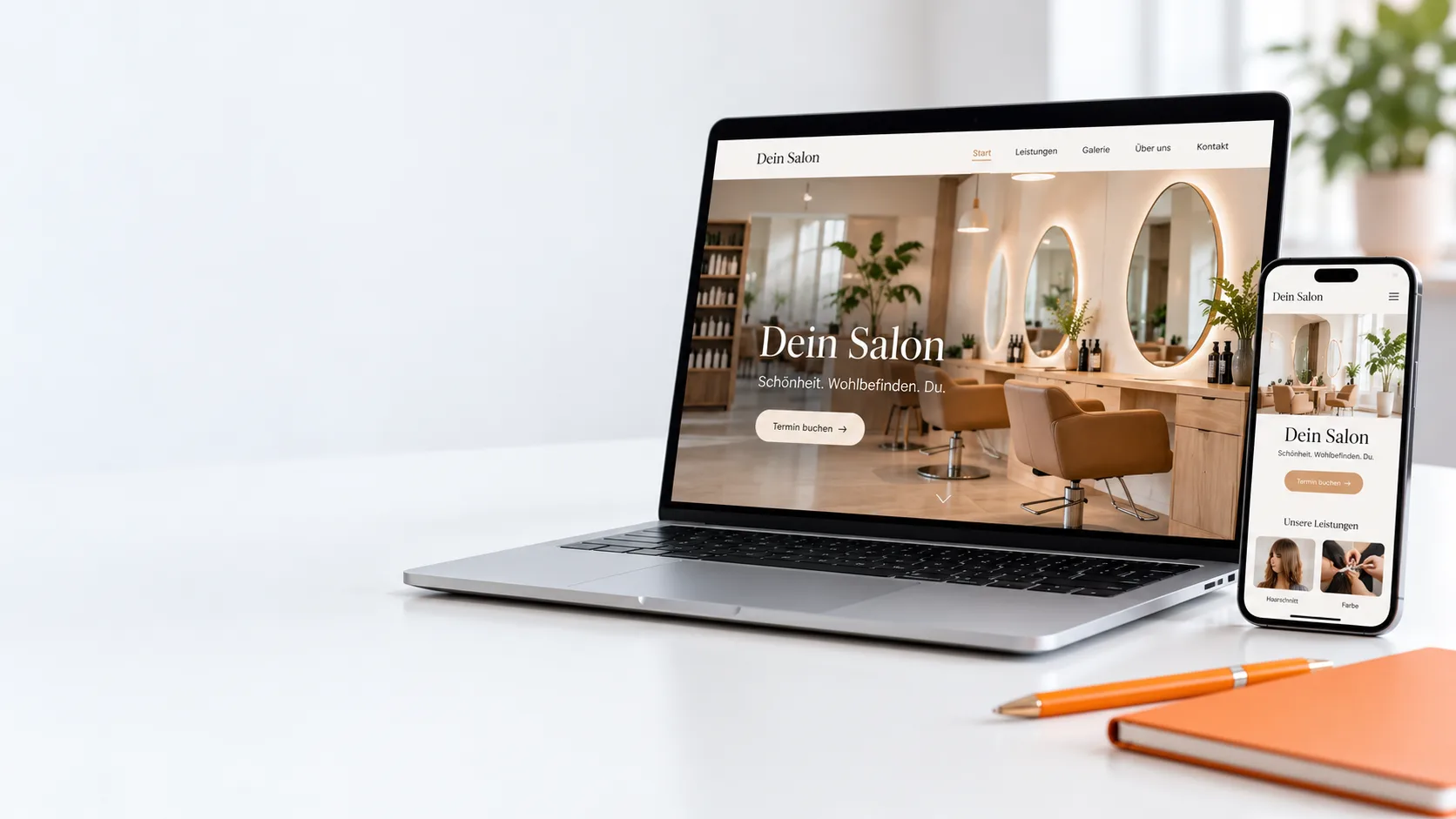 Gestaltungsbeispiel einer Salon-Website auf Laptop und Smartphone